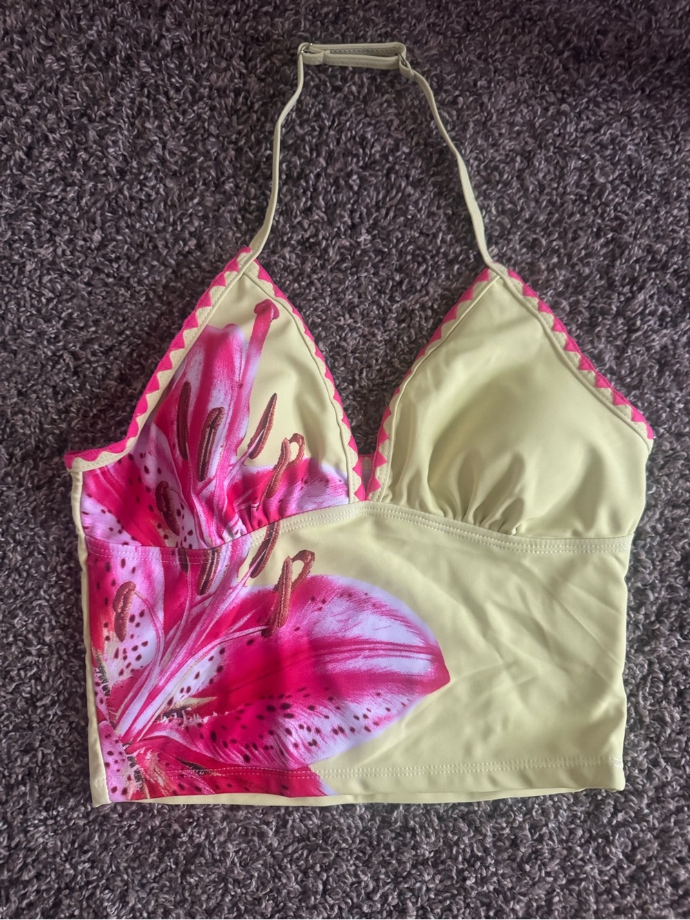 Girls Floral Halter Swim Bralette in Pale Yellow & Hot Pink